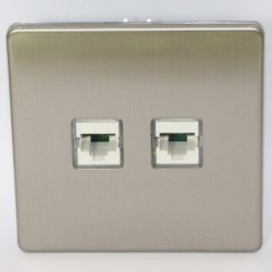 Dubbelt RJ45 Cat.6 UTP-uttag i borstat stål – GOVENA Metal Line – detaljvy