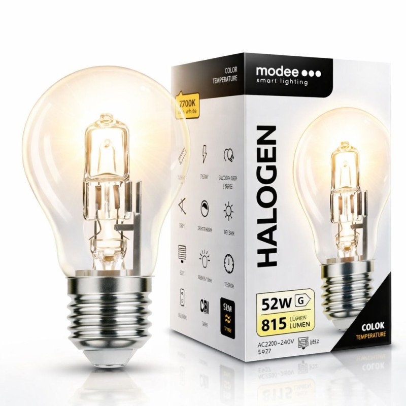 Ampoule halogène ECO E27 52W A55 – Lumière chaude 2700 K, dimmable,