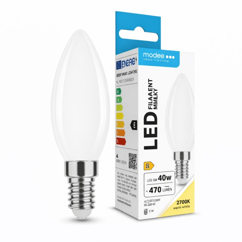 Ampoule LED Filament Modee C35 E14 4W Blanc Chaud 2700K 430 lm 360° Finition Milky Équivalent 40W Classe Énergétique ERP