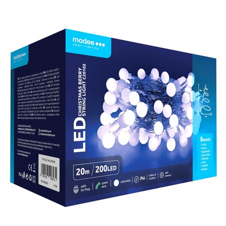 LED-kerstlichtsnoer met parels op netstroom Modee (200LED/20m/10cm) koud wit