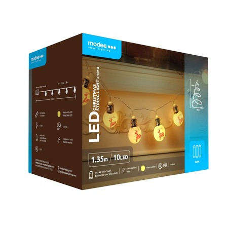 Guirlande LED de Noël à piles Modee C1014 (10LED/1.35m/15cm) blanc chaud
