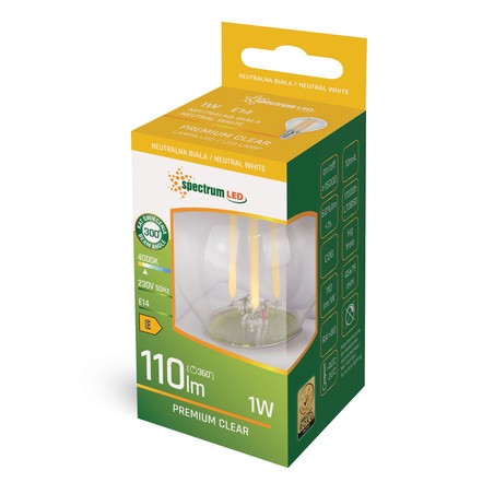 Bombilla LED esférica 1 W 4000 K E14, vidrio transparente