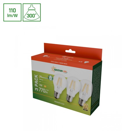 LED filament bulb 7 W 2700 K E27, pack of 3, clear glass