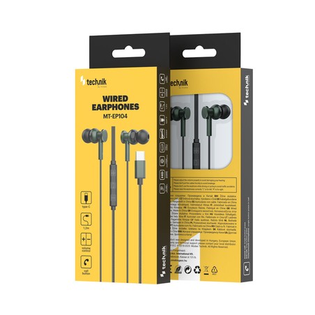 Wired USB-C earphones EP104 with mic and remote, olive