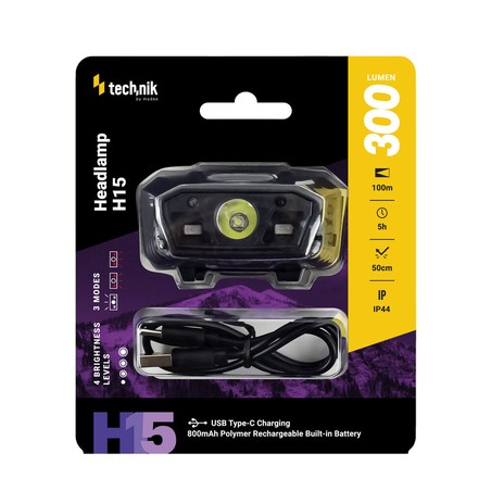 Lanterna frontal H15 – 300 lm, recarregável por USB-C