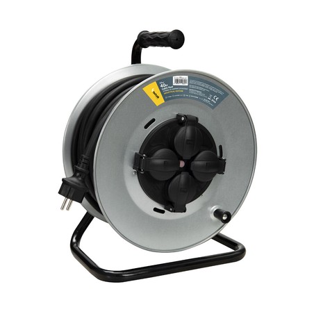 Enrouleur 4 prises IP44, câble 40 m 3G2,5 mm² H07RN-F, boîtier métal – Schuko (type F)