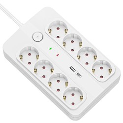 Удлинитель на 8 розеток + USB-A и USB-C, с выключателем, защита от перенапряжения, кабель 1,5 м – Schuko (тип F)
