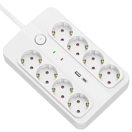 Удлинитель на 8 розеток + USB-A и USB-C, с выключателем, защита от перенапряжения, кабель 1,5 м – Schuko (тип F)