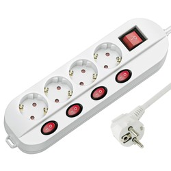 Regleta 4 tomas, interruptor por toma + general, cable de 1,5 m – Schuko (tipo F)