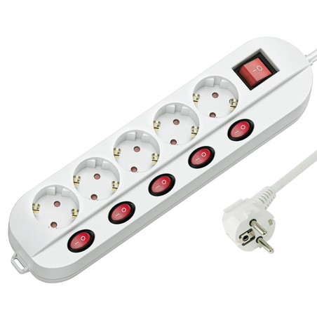 Multiprise 5 prises, interrupteur par prise + général, câble 1,5 m – Schuko (type F)