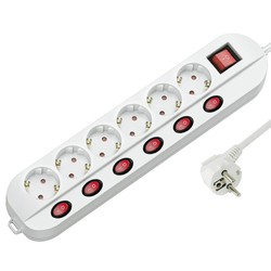 Power strip 6 sockets, individually switched + master switch, 1.5 m cable – Schuko (type F)