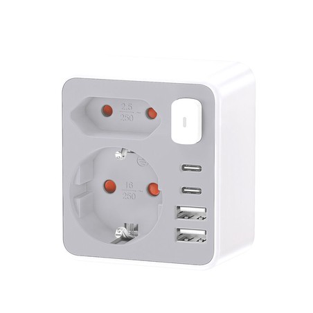 Rozgałęźnik 2 gniazda + 2 USB-C + 2 USB-A, z wyłącznikiem – Schuko (typ F)