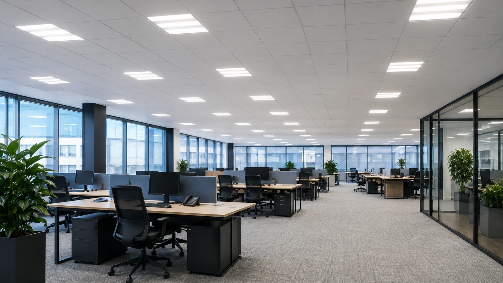 Kontorslandskap belyst av infällda LED-paneler