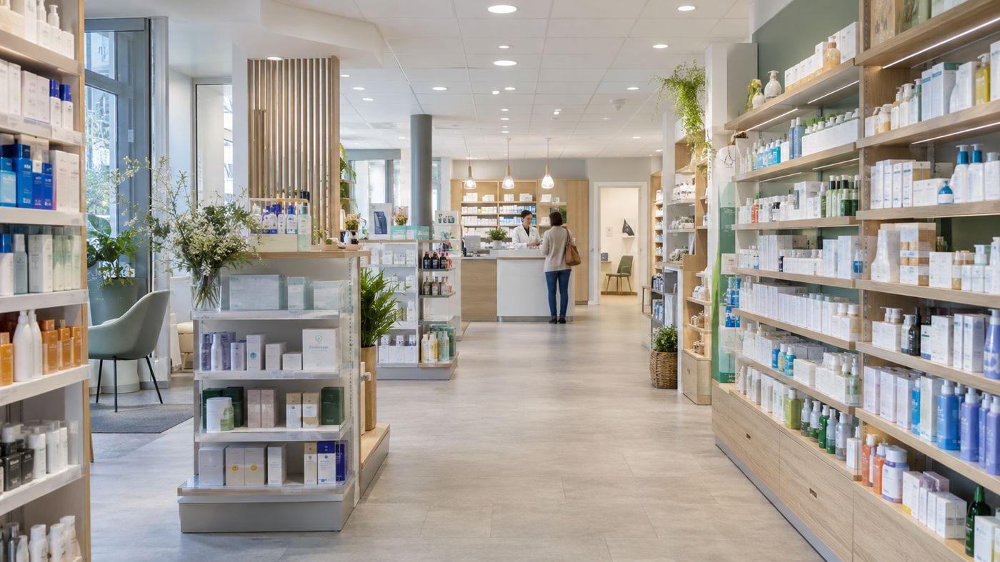 Interior of a well-lit pharmacy: skincare shelves and counter