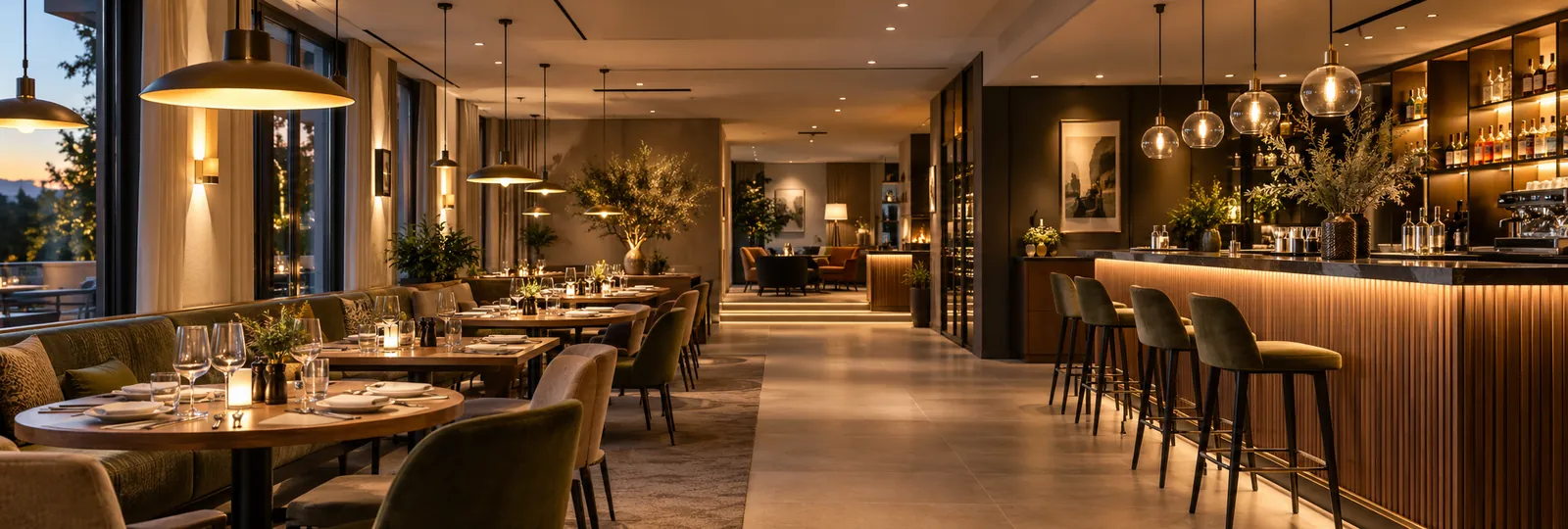 Restaurante y bar de hotel con iluminación cálida: colgantes, apliques, focos empotrados y barra retroiluminada