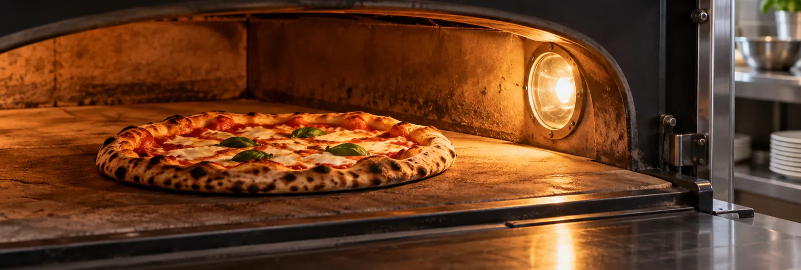 Horno de pizza profesional iluminado por su lámpara tras el cristal de la mirilla, pizza margarita horneándose
